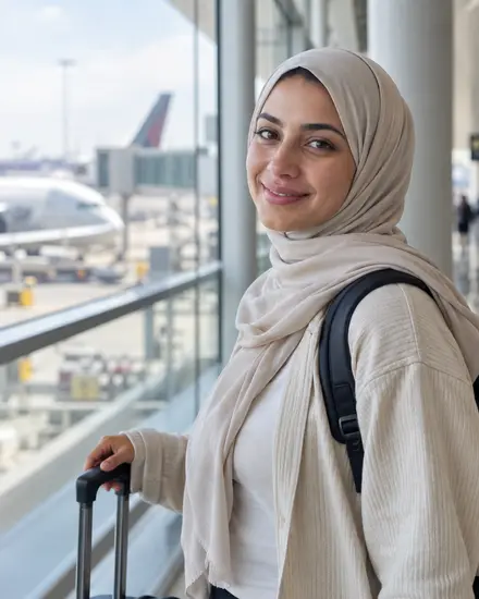 A traveller with a suitcase in a departures hall