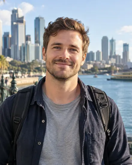 A traveller beside a city harbour